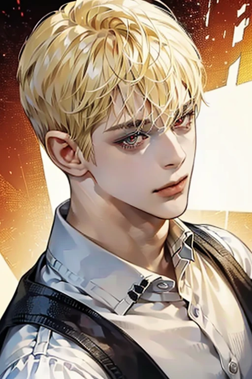 Young guy, (((blond short hair))), (((red-eyes))), Cheerful expression on his face, ((Perfect eyes)), ((Equal Eyes)), Extremely detailed, portraite of a, (((1 guy))), (((A detailed eye))), (solo), (((athletic physique)))