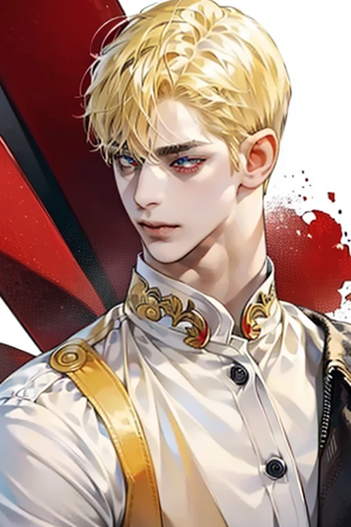 Young guy, (((blond short hair))), (((red-eyes))), Cheerful expression on his face, ((Perfect eyes)), ((Equal Eyes)), Extremely detailed, portraite of a, (((1 guy))), (((A detailed eye))), (solo), (((athletic physique)))