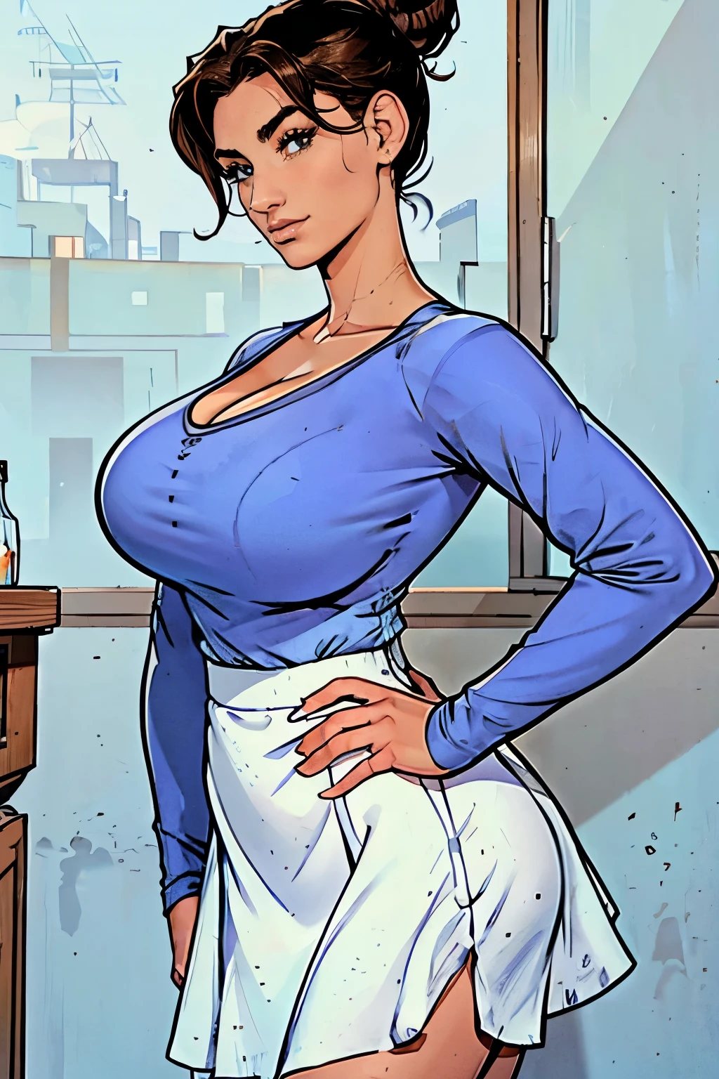 Gorgeous and sultry busty athletic (happy) brunette with sharp facial features, athletic bun, large breasts and a (large nose) wearing a loose light blue top, low-cut wide neck, loose sleeves, white skirt