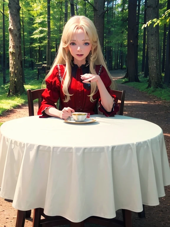 (8k, highest quality, Tabletop:1.2)、Ultra-high resolution, Detailed face, One 75-year-old woman, blue eyes, Blonde, Long Hair, Red dress, blue sky, in the forest, wood々, table cloth, Set of cake and tea on the table, Sit on a chair