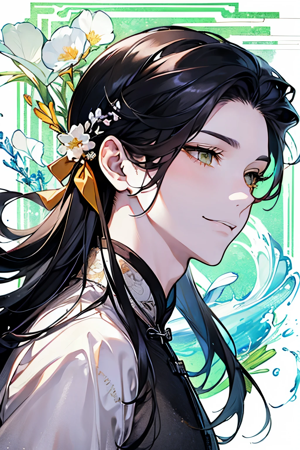 (Adult male around 30 years old:1.45)、(masterpiece、highest quality、highest quality、Beautiful and beautiful:1.2)、(Good anatomy:1.5)、(Painting of a Man with milky black wave hair:1.3)、(half up and half down hairstyle:1.4)、Shy smile、Sparkling Eyes、((long hair:1.2))、(black hair:1.45)、(black、Lightgreen、orange、yellow:1.2)、(Chinese hanfu concept:1.25)、(chinese style study background:1.35)、Close-up of face