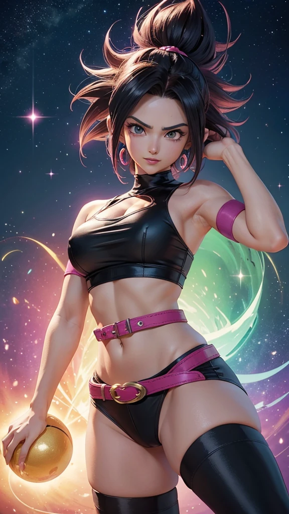 Caulifla guerrera saiyajin, dragon ball super, traje iconico mini top color magenta y mini short ajustado color magenta, black boots and a green belt, torneo del poder, sexy, hermosa, poderosa, abdomen tonificado, cuerpo muy delgado, skinny body, pose de combate, fondo en el espacio con planetas y lunas brillantes, luz resplandeciente, light energy, aura personal iluminada color dorado, muy Realista, detalles perfectos, foto realista, 8k, natural