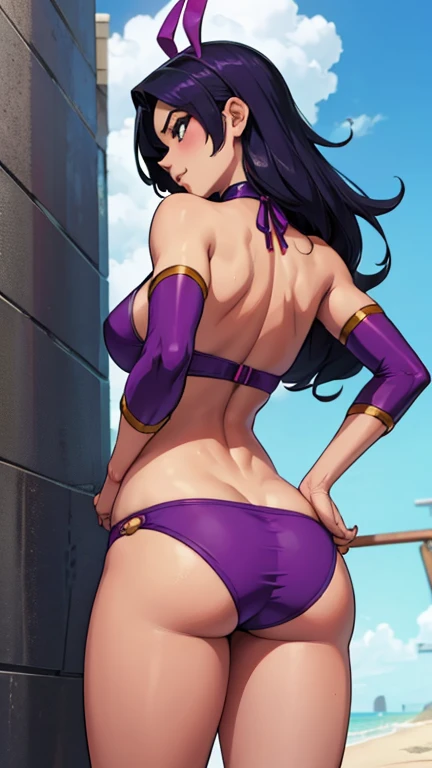 Gogo from big heroes 6, with a dark purple bikini, sexy, with a disgusted expression, with warm 2d, full body, with a back pose.