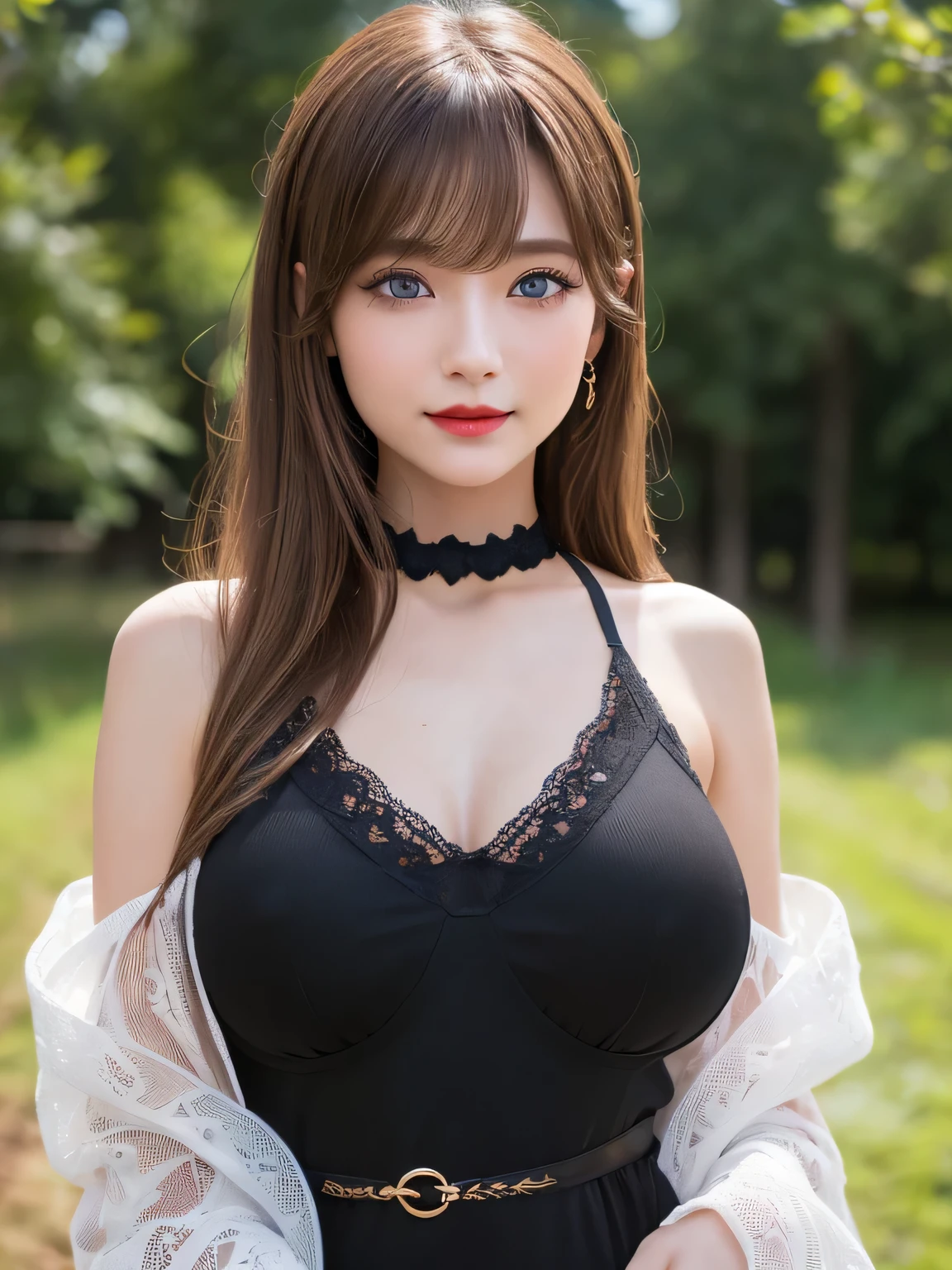 (highest quality, masterpiece:1.3, 超A high resolution), (Very detailed, Caustics), (Realistic:1.4,RAW shooting,)Ultra-Realistic Capture,Very detailed,High resolution 16k, Human skin close-up, The skin texture is natural, It must be detailed enough to be easily identifiable.。 Skin should look healthy and have an even tone。 Use natural light and color, ((dress)), ((Slim and beautiful body), girl, Japanese, 18-year-old, cute, Long Hair, Big Breasts, smile, Turn your body forward, (View from the front:1.1), Looking into the camera, focused on the chest, Light brown hair, ((Black choker)), Lots of long eyelashes, blue eyes, bangs、farm, Big Breasts, Red lips, ((Full body portrait:1.2)), Luxury Boutiques、Brand Shop