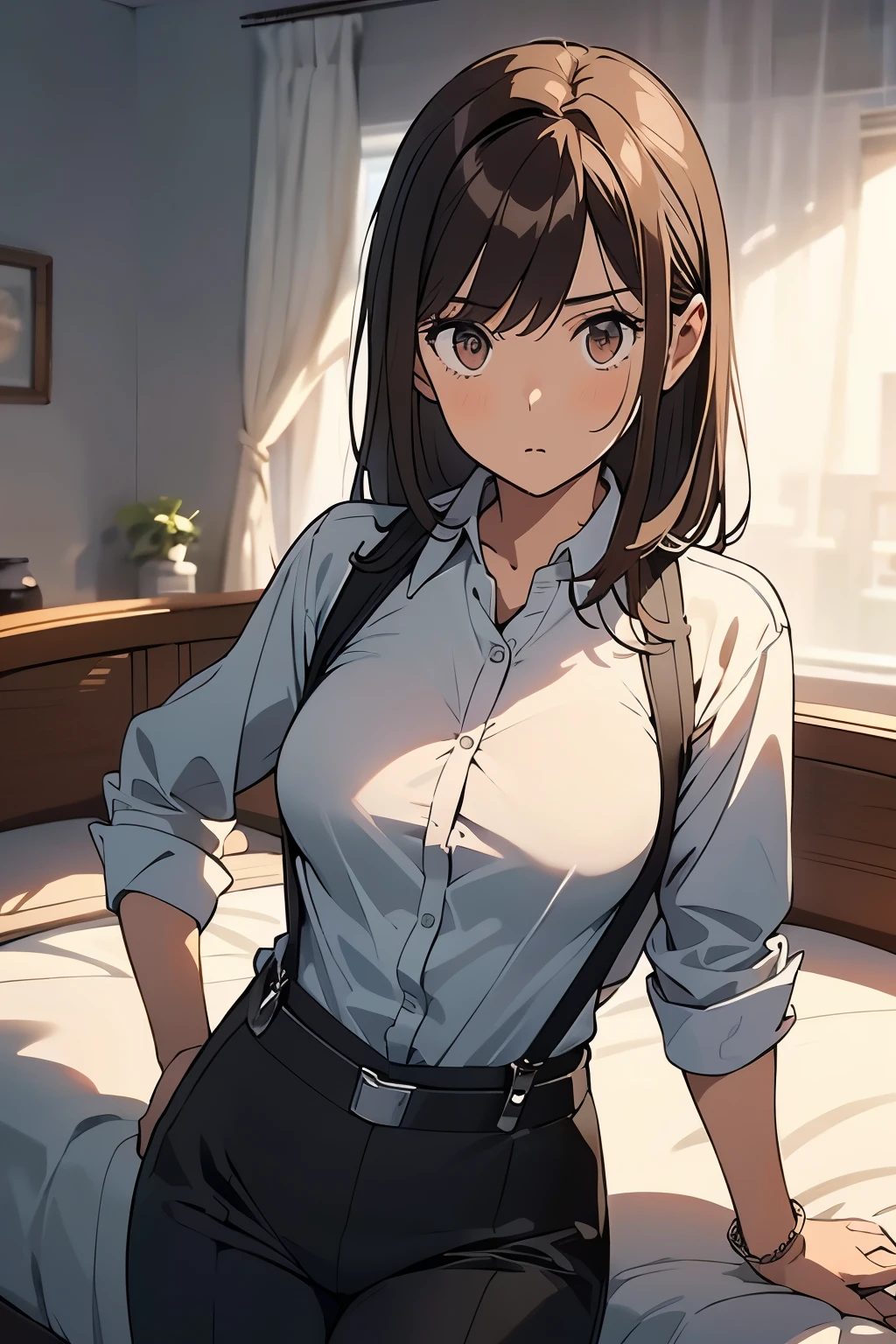 Brown Hair、Staring at the audience　　　Black suspenders　　　bulging big breasts　　 　 　　　wall: 　Black pantsuit　　　　　　sight　　　Small face　 　　　holster　　　Beautiful woman　　Show your hand　　 Lying in bed　　sight 　　Taunt　side　side汗 　arm　Dress shirt　Black Suit　belt