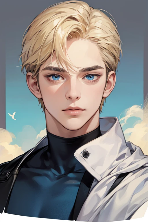 masterpiece, best quality, 1man, mature male, quiet and charming young man, 25 year old, closed mouth, portrait, extremely detailed face, closed mouth, lips nude ((blue carolina eyes)), ((short-blonde hair)), [thick eyebrows], handsome, half body, with black Turtleneck shirt, look at camera, 