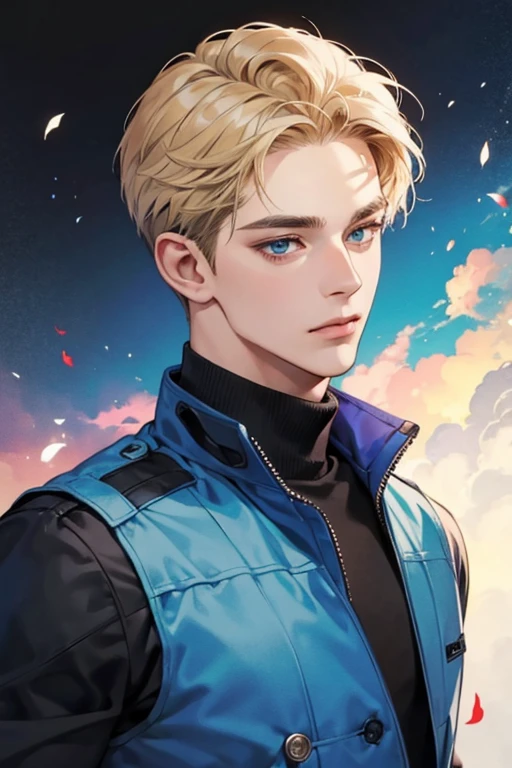 masterpiece, best quality, 1man, mature male, quiet and charming young man, 25 year old, closed mouth, portrait, extremely detailed face, closed mouth, lips nude ((blue carolina eyes)), ((short-blonde hair)), [thick eyebrows], handsome, half body, with black Turtleneck shirt, look at camera, 