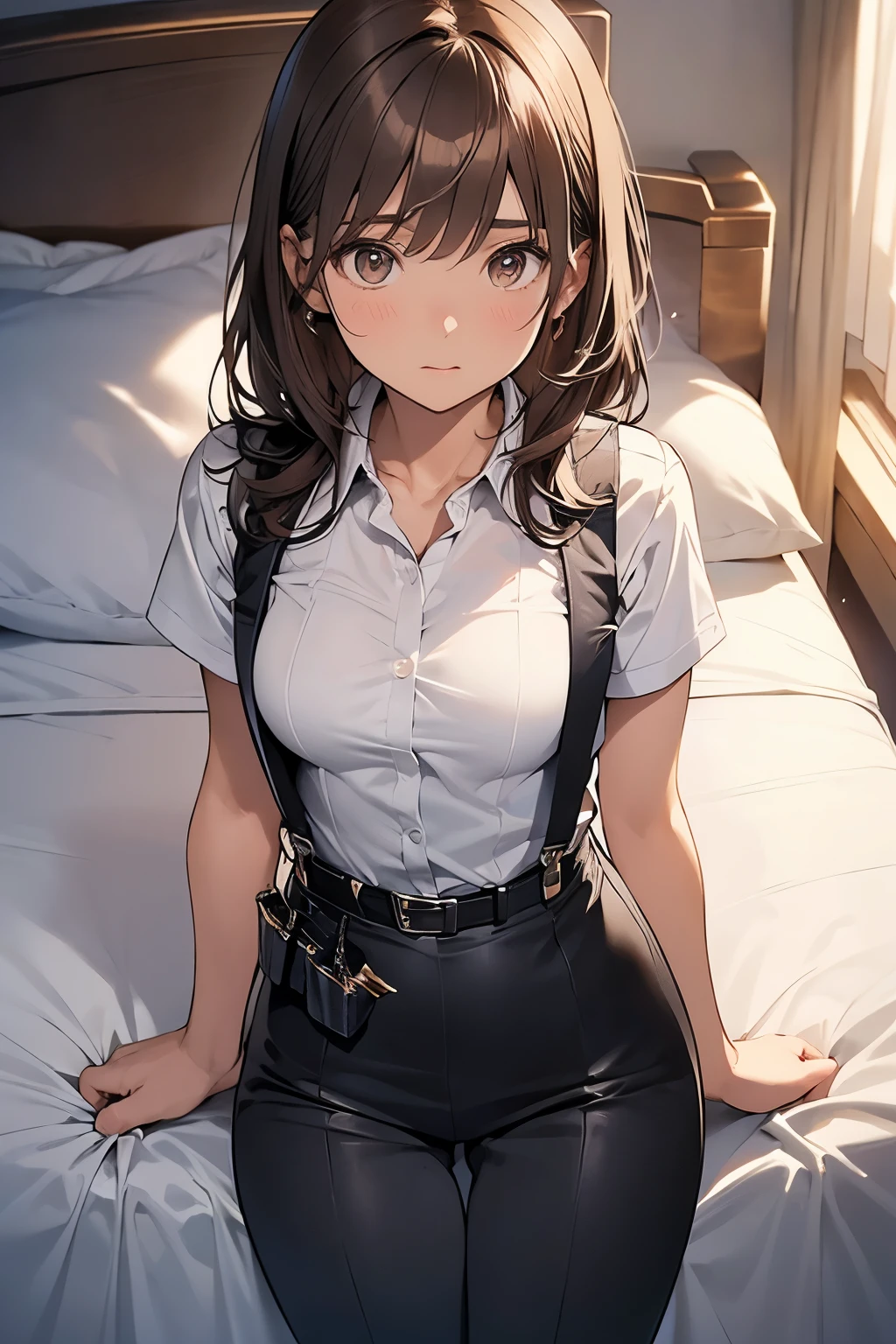 Brown Hair、Staring at the audience Black suspenders bulging big breasts wall: Black pantsuit sight Small face holster Beautiful woman Show your hand Lying in bed sight Taunt side side汗 arm Dress shirt Black Suit belt