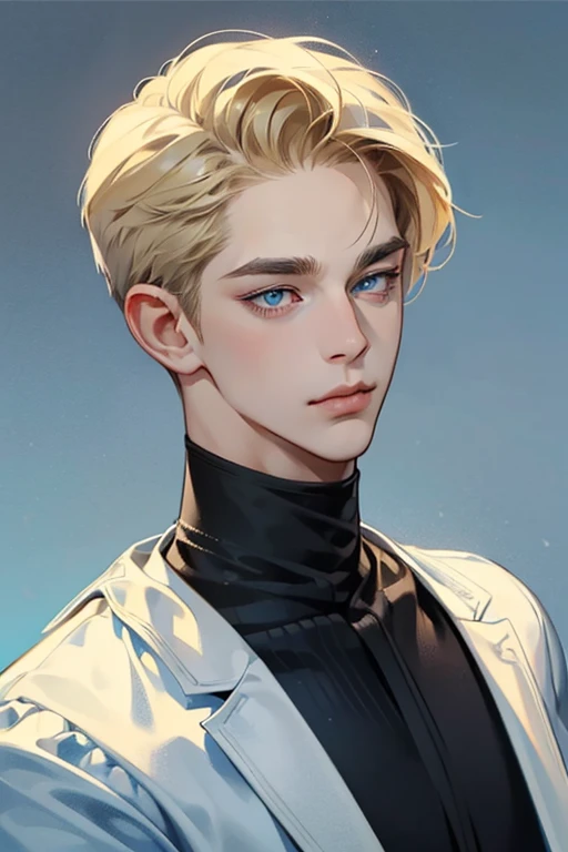 masterpiece, best quality, 1man, mature male, quiet and charming young man, 25 year old, closed mouth, portrait, extremely detailed face, closed mouth, lips nude ((blue carolina eyes)), ((short-blonde hair)), [thick eyebrows], handsome, half body, with black Turtleneck shirt, look at camera, 