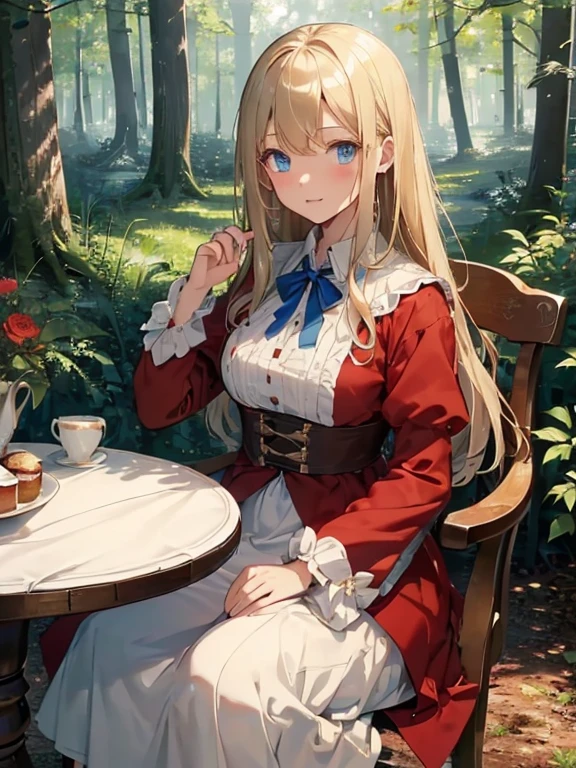 (8k, highest quality, Tabletop:1.2)、Ultra-high resolution, Detailed face, One 75-year-old woman, blue eyes, Blonde, Long Hair, Red dress, blue sky, in the forest, wood々, table cloth, Set of cake and tea on the table, Sit on a chair