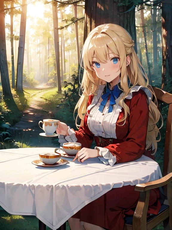 (8k, highest quality, Tabletop:1.2)、Ultra-high resolution, Detailed face, One 75-year-old woman, blue eyes, Blonde, Long Hair, Red dress, blue sky, in the forest, wood々, table cloth, Set of cake and tea on the table, Sit on a chair