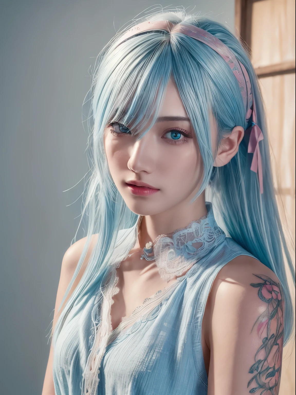 (8k, RAW photo, best quality, masterpiece: 1.2) detailed face, (light: 1.2), a detailed painting, clearly crafted detail, intricate, cinematic, dim natural lighting, (high skin detailed: 0.9), raytracing, detailed face, good face, high resolution,1girl, pastel blue hair, bright pink colored tattoos, short shirt, short skirt, long hair, hair band, full body view