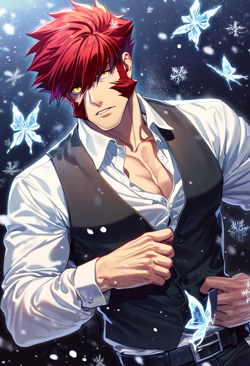 absurdres, highres, ultra detailed, HDR, master piece, best quality, extremely detailed face and eyes, Klaus Von Reinhertz, red hair, expressive yellow eyes, Kekkai Sensen, solo, sexy man, handsome, toned chest, white shirt, black vest, black belt, ice cross, ice butterflies, winter, snowing, snowflakes, magical, ice flowers