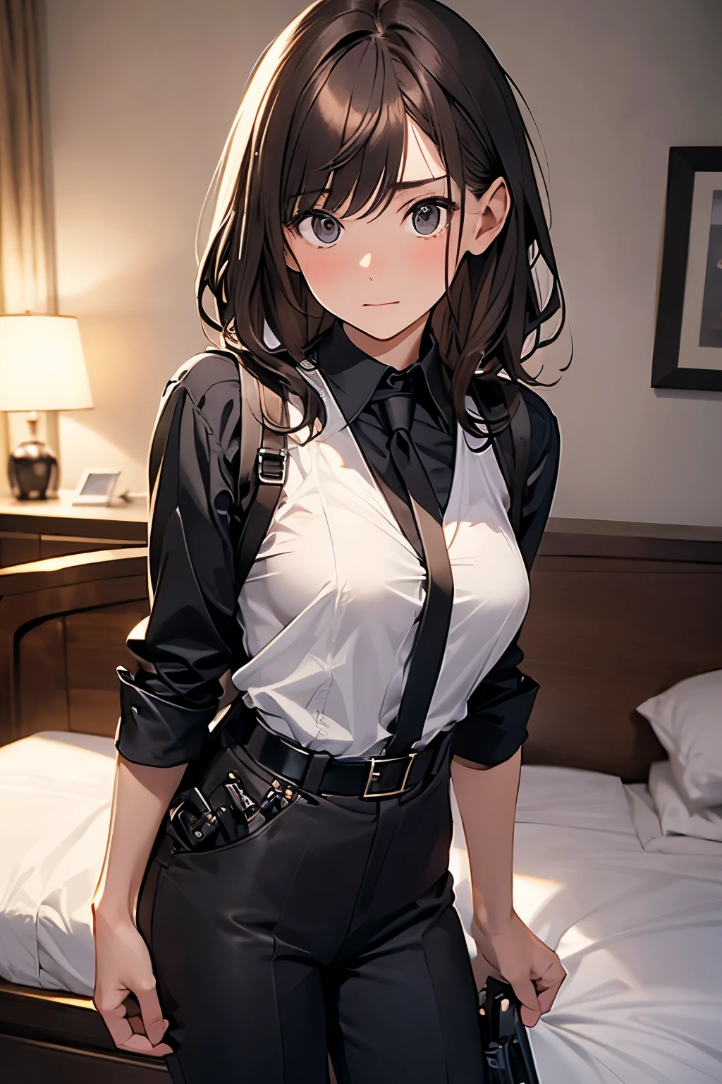 Brown Hair、Staring at the audience Black suspenders bulging big breasts wall: Black pantsuit sight Small face holster Beautiful woman Show your hand Lying in bed sight Taunt side side汗 arm Dress shirt Black Suit belt