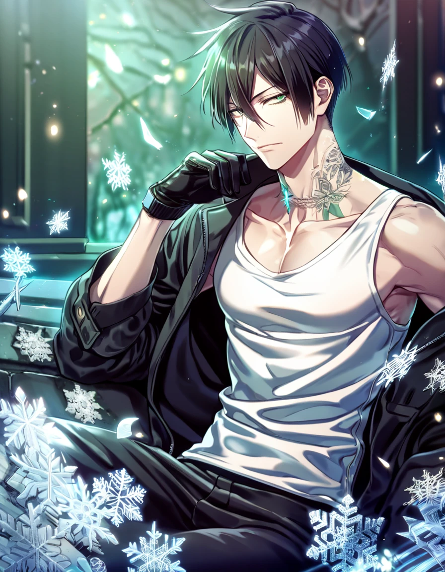 Ultra detailed, HDR, Highres, absurdres, master piece, Ginoza Nobushika, black hair, expressive green eyes, Psycho Pass, ice butterflies, winter, ice, snowflakes, white flowers, sexy man, solo, extremely detailed face and eyes, handsome, glittering, toned chest, white shirt, tattoo on his neck, black coat, black necktie, sitting, black pants, black gloves