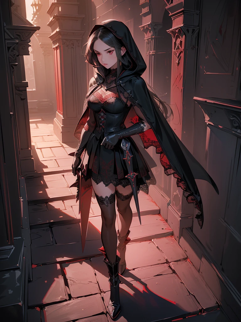 Design a layout showcase Gaming character, (1girl). Red+Black clothes, gothic and elegant, ((showcase weapon:1.4)), enchanted dagger, (masterpiece:1.2), (best quality), 4k, ultra-detailed, (Step by step design, layout art:1.5), (mystical lighting, dramatic lighting), assassin, ((hooded cape)), (((lace gloves:1.3))), corset, leather boots, (((full_body_shot:1.4)))