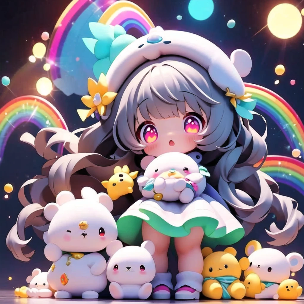 highest quality、Masterpiece、Official Art、The best composition、The best light source、******、cute、A **** in a costume is carrying a large stuffed toy that seems heavy、The way they try their best is very cute.、Glowing eyes、1 SLR、An eternal rainbow、Bridge、hope、