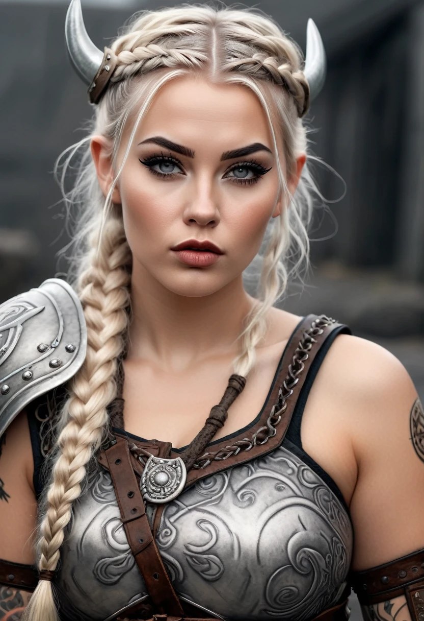 Hyper realistic photo Realism CG 8K Scandinavian tattooed viking girl, hyper realistic detailed Perfect face, thin curved platinum blonde eyebrows, black eyeliner,long luscious eyelashes, black eye shadow, curved lips, matte lipstick, long messy viking braids, real viking armor, large voluptuous breast, perfect ass, full body view,