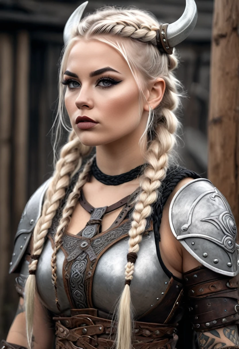 Hyper realistic photo Realism CG 8K Scandinavian tattooed viking girl, hyper realistic detailed Perfect face, thin curved platinum blonde eyebrows, black eyeliner,long luscious eyelashes, black eye shadow, curved lips, matte lipstick, long messy viking braids, real viking armor, large voluptuous breast, perfect ass, full body view,