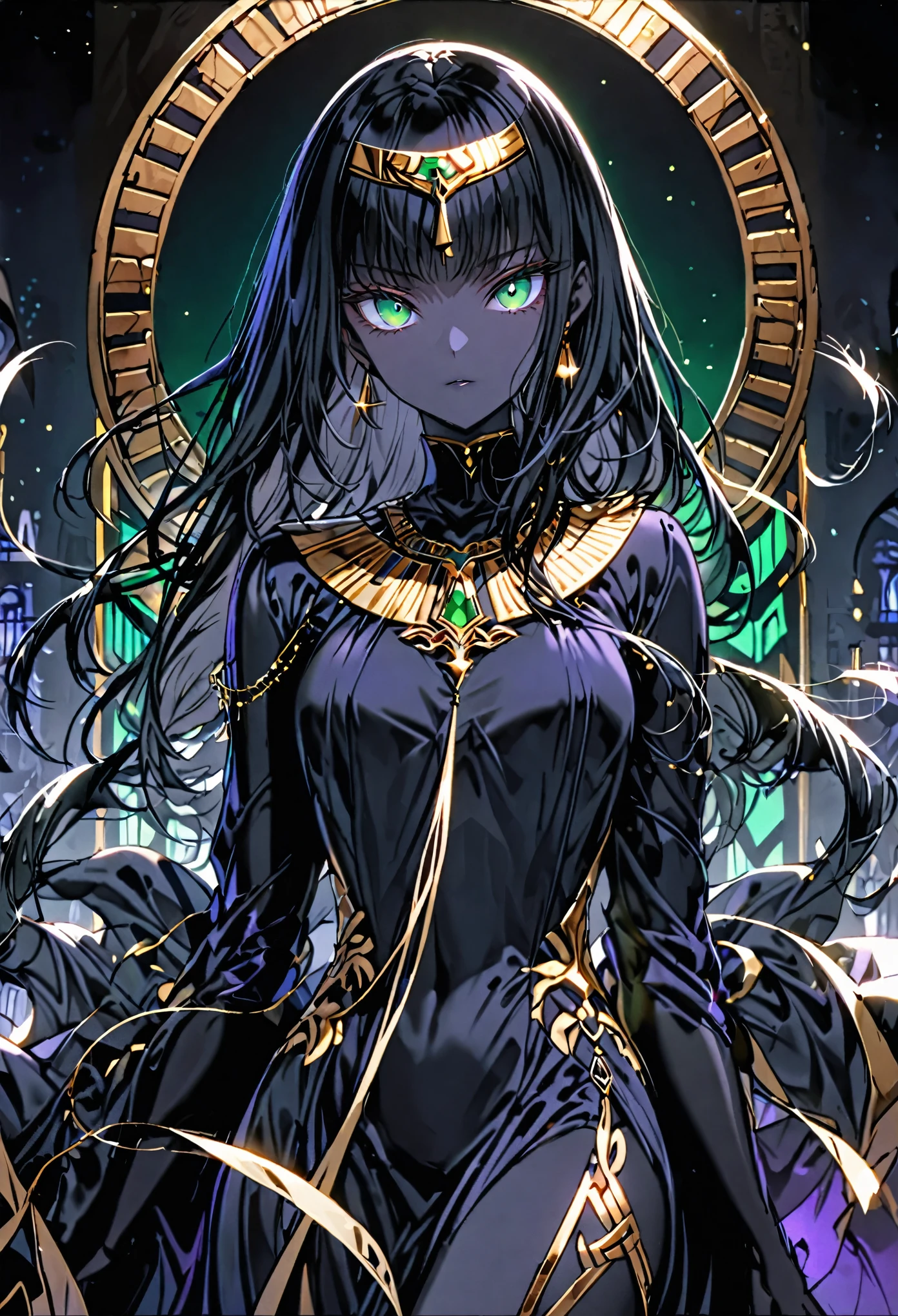solo, female, medium shot, sfw, humanoid figure, slender, athletic build, 6 ft, obsidian black skin, smooth skin, extremely long silky black hair, straight and free-flowing hair, emerald green eyes, large eyes, almond-shaped eyes, thick lashes, gold iris, thin and arched eyebrows, intelligent, flowing robe, form-fitting robe, midnight blue silk, modest clothes, feminine silhouette, silver pendant, quiet confidence, timeless beauty, egyptian, night