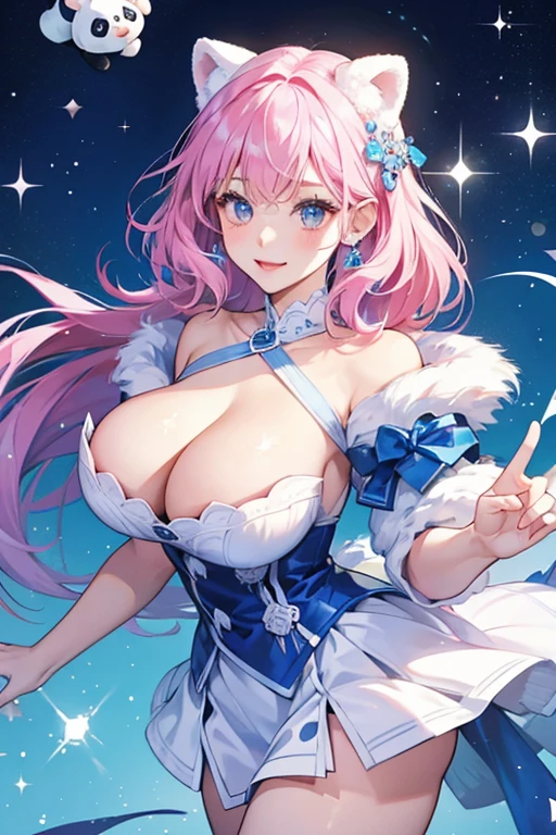 she is a fluffy white panda with blue ears and pink limbs. SPARKLE; GLITTER