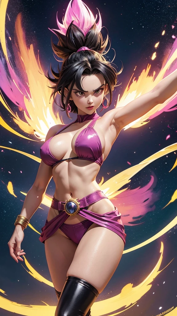 Caulifla guerrera saiyajin, dragon ball super, semidesnuda, traje iconico sexy mini top color magenta, black boots and a green belt, torneo del poder, sexy, hermosa, poderosa, abdomen tonificado, cuerpo muy delgado, skinny body, pose de combate, fondo en el espacio con planetas y lunas brillantes, luz resplandeciente, light energy, aura personal iluminada color dorado, muy Realista, detalles perfectos, foto realista, 8k, natural