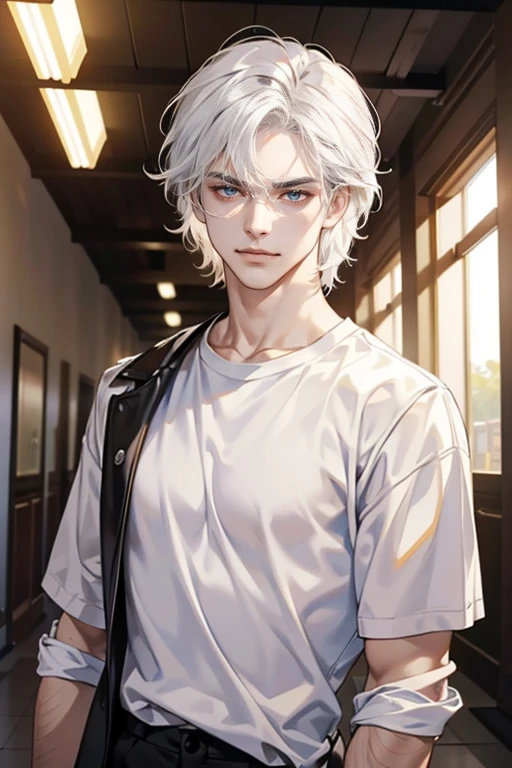 (tmasterpiece, high resolution, ultra - detailed:1.0), (1male, masculine face), Perfect male body, Adult male, Delicate eyes and delicate face, Extremely detailed CG, Unity 8k wallpaper, Complicated details, Detailed face, (white hair, messy hair, serious faces, white T-shirt,Bad students), (frown,evil smile:1.3), Standing in school corridor,black leather jacket, color difference, Depth of field, dramatic shadow, Ray tracing, Best quality, Cinematic lighting, offcial art,Portrait