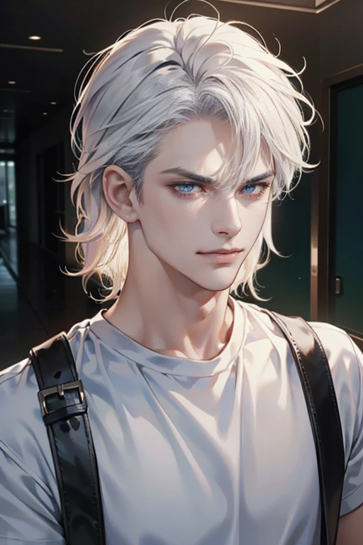 (tmasterpiece, high resolution, ultra - detailed:1.0), (1male, masculine face), Perfect male body, Adult male, Delicate eyes and delicate face, Extremely detailed CG, Unity 8k wallpaper, Complicated details, Detailed face, (white hair, messy hair, serious faces, white T-shirt,Bad students), (frown,evil smile:1.3), Standing in school corridor,black leather jacket, color difference, Depth of field, dramatic shadow, Ray tracing, Best quality, Cinematic lighting, offcial art,Portrait