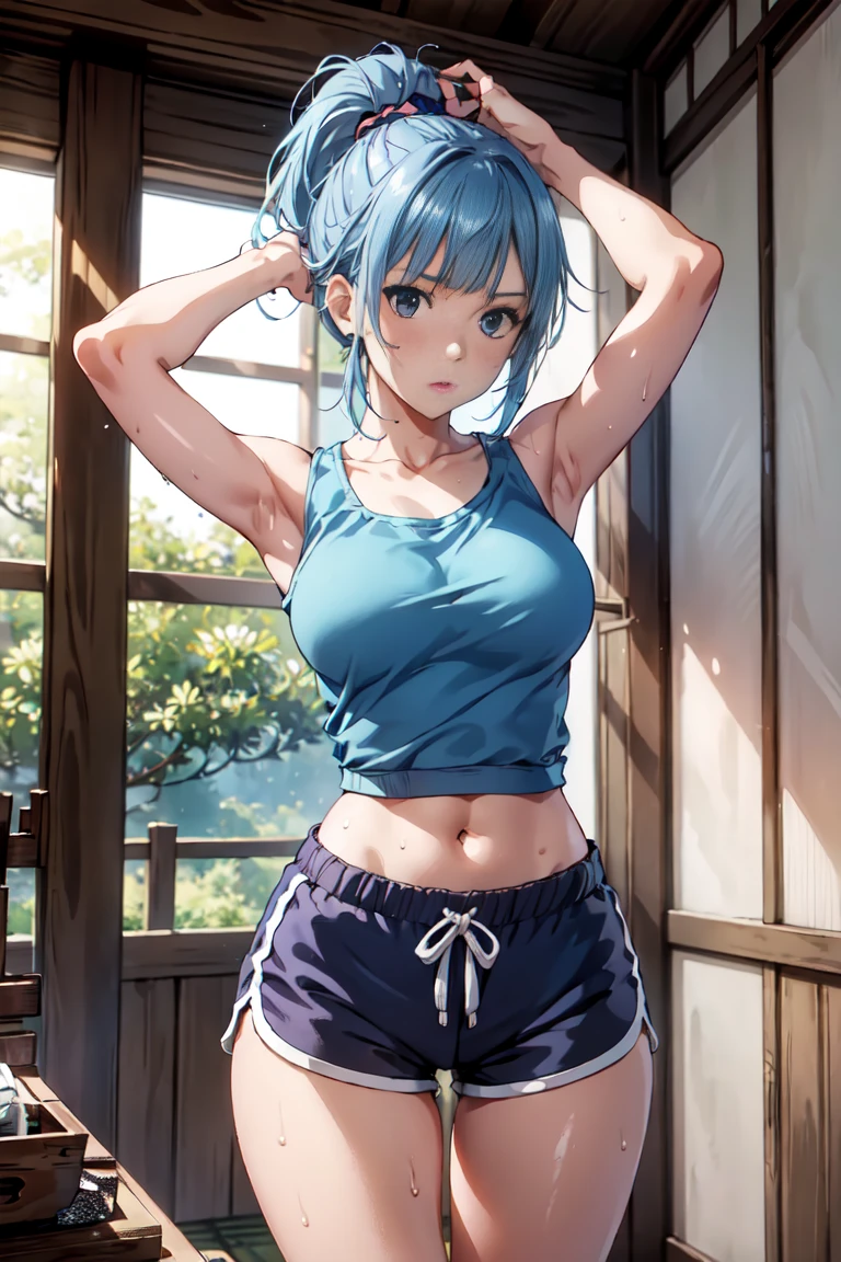 (extremely detailed CG unity 8k wallpaper),(masterpiece),(best quality),(ultra-detailed),(best illustration),(best shadow),(absurdres),  Kasumi, 1girl, solo, blue hair, long hair, blue eyes, holding, bangs, blunt bangs, indoors, upper body, straight hair, tanktop, sleeveless, collarbone, bare shoulder, Standing in bedroom , large breasts, hands in lap, thick thighs, facing camera, looking at viewer, (wide hips), beautiful japanese garden background, dolfine shorts, dshorts, lips seperated, cleavege, athletic shorts, Extremely tight shorts,booth shorts, perfect face, kasumi miwa, miwa, handsome on head, arms up, sweating ,hot, ponytail 