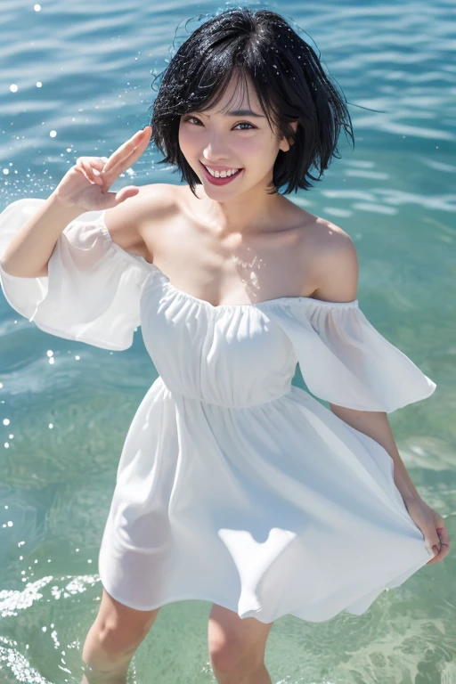 NFSW(((High resolution))、8K、(In detail))、(Highest quality)、Beautiful girls、A beautiful girl with white wings growing on her back、Cute beautiful girl with a smile、Very attractive beautiful girl、(The white bikini is a halter neck with a string.)、blue sky、Cobalt Blue Sea、White sand beach,(((Your smile is cute,)))、((:1.5))、Super cute lolita idol、Frolng expression、(Brown Hair、Top knot for medium length hair,)、(((Beautiful girl in a white dress, Transparent muscle)))、(Slender body and beautiful breasts)、(Well-formed and elegant face、amount)、(Show off your thighs、Stretch your legs)、(セミnude)、NSFW 、nude、(((Nipples)))