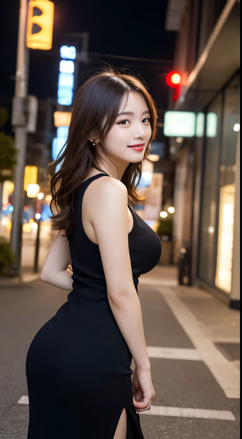 Tabletop, highest quality, figure, Super detailed, In detail, High resolution, 8k wallpaper, Perfect dynamic composition, Beautiful fine details, dress,Medium Hair, Big Breasts, Natural color lip, Random sexy poses,smile,Aoyama Street Walk、20-year-old girl、night