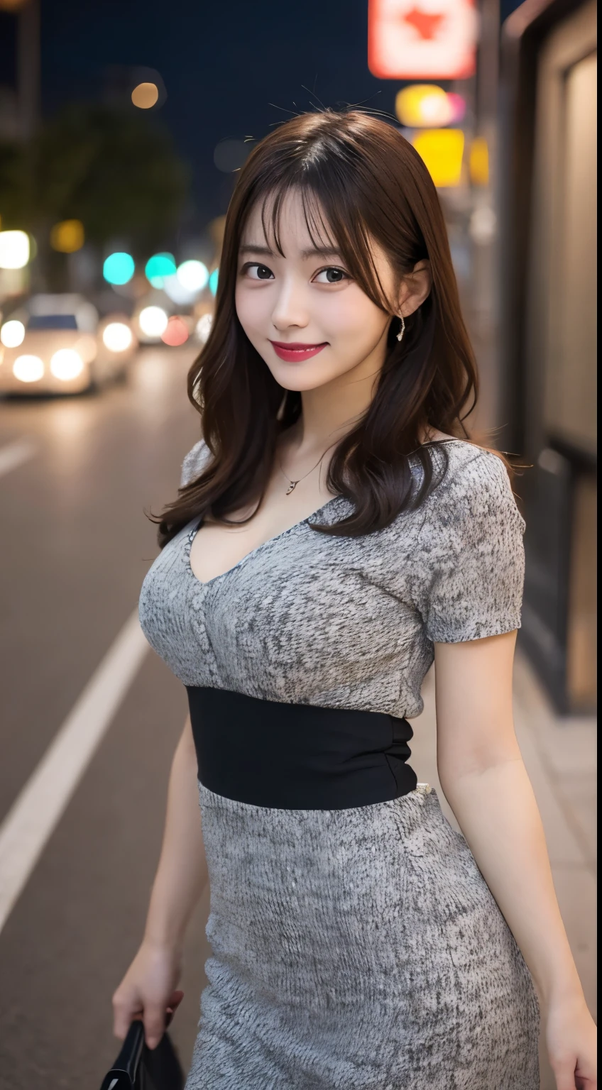 Tabletop, highest quality, figure, Super detailed, In detail, High resolution, 8k wallpaper, Perfect dynamic composition, Beautiful fine details, dress,Medium Hair, Big Breasts, Natural color lip, Random sexy poses,smile,Aoyama Street Walk、20-year-old girl、night