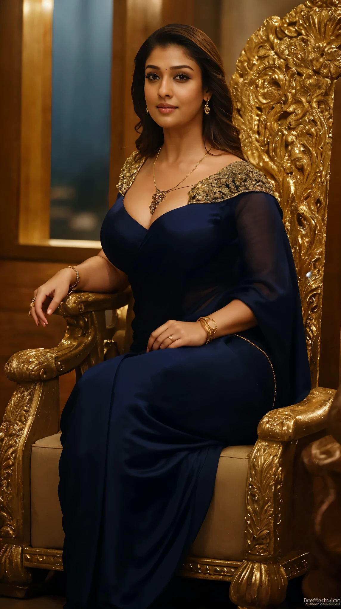 night scene, close up photo of nayanthara, curvy, hourglass figure, swooping breasts, deep cleavage, royal pose on throne, look at viewer and subtle smile, satin silk dark royal blue saree, bindi, necklace, sultry, 36 yo, HD, 4k, ultra high quality, (cinematic:1.3), intricate details, (ArtStation:1.2)