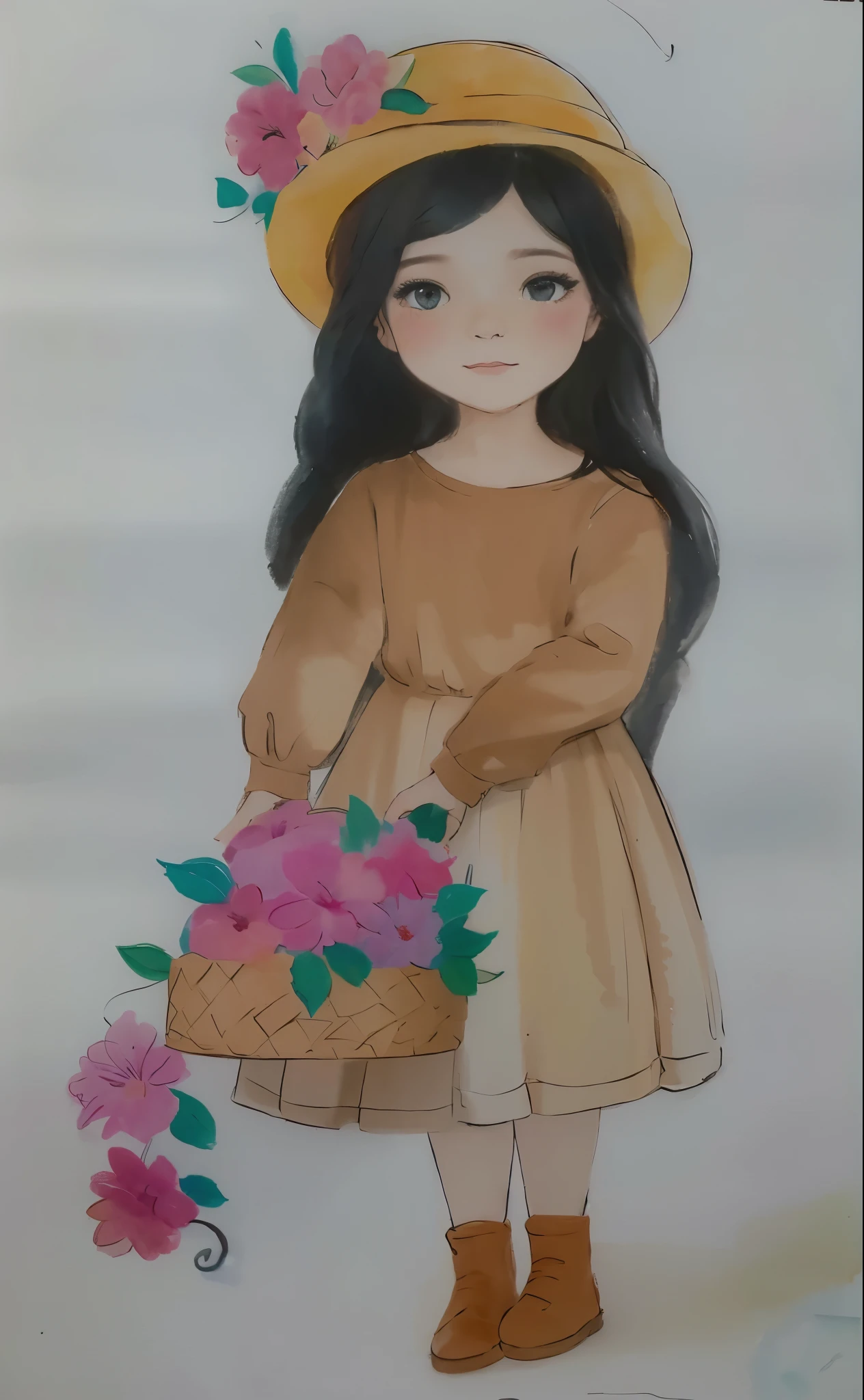 desenho de uma com uma cesta de flores, com seus cabelos negros cacheados, usando chapeu, watercolored, pastel artwork, colored sketch, colorized pencil sketch