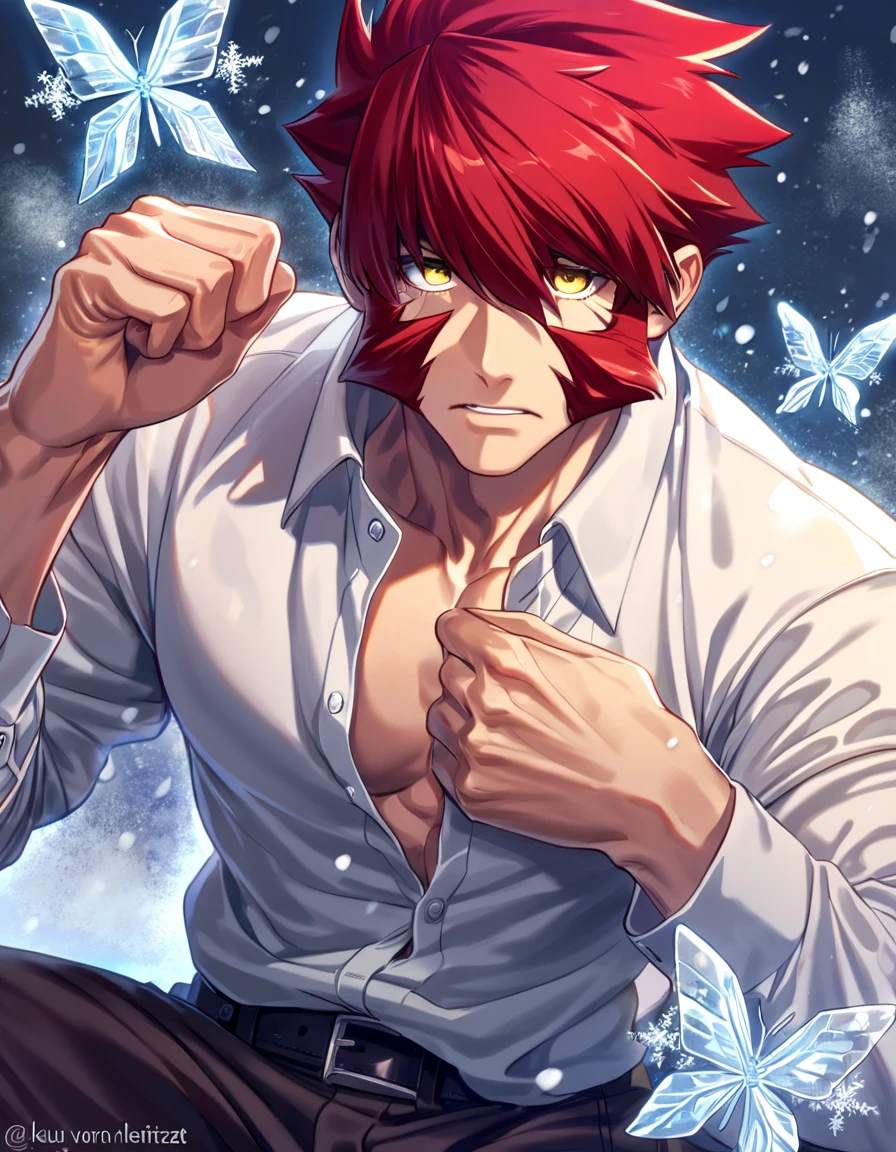 absurdres, highres, ultra detailed, HDR, master piece, best quality, extremely detailed face and eyes, Klaus Von Reinhertz, red hair, expressive yellow eyes, Kekkai Sensen, solo, sexy man, handsome, toned chest, white shirt, sitting, black belt, ice cross, ice butterflies, winter, snowing, snowflakes, magical, ice flowers
