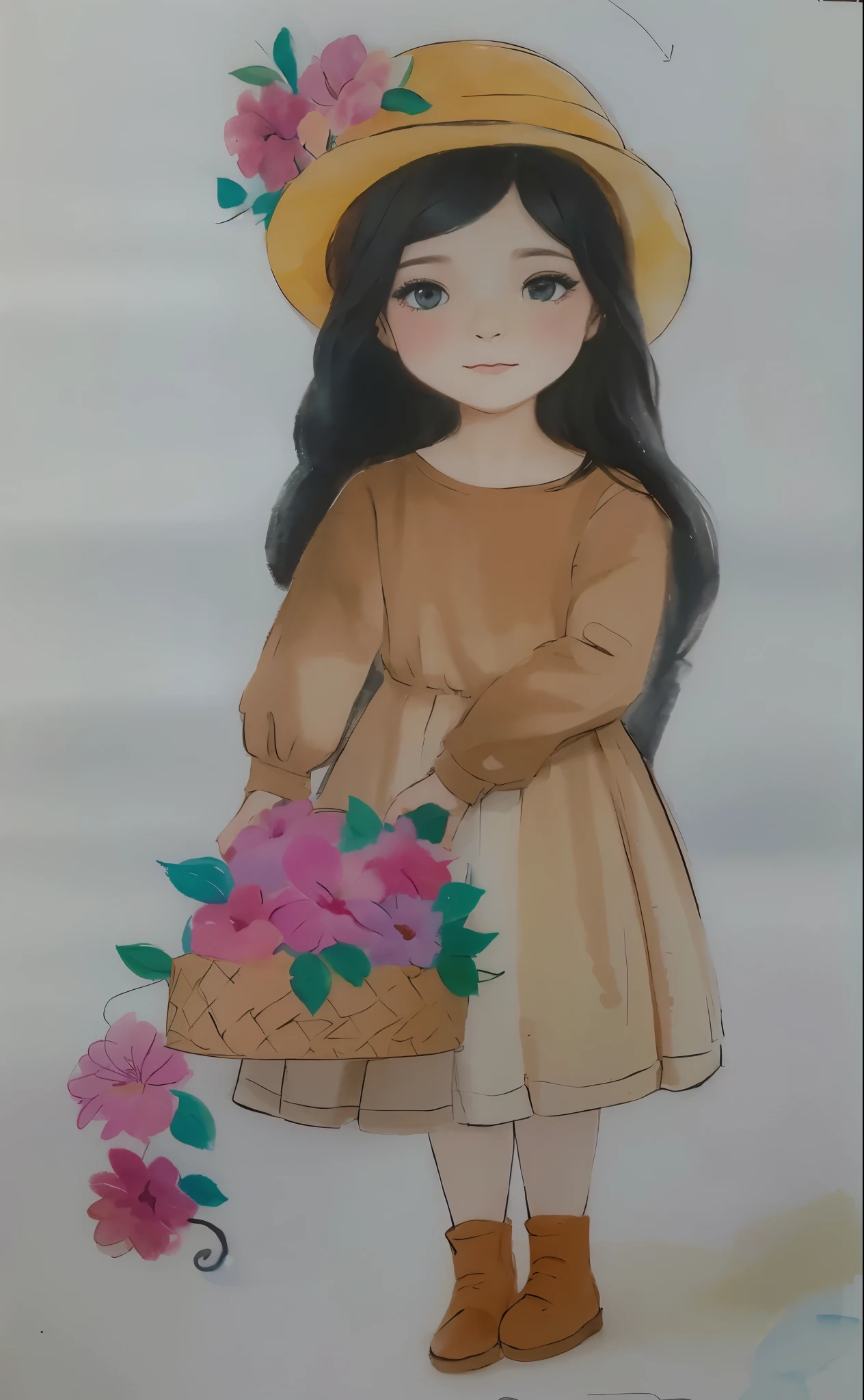 desenho de uma  com uma cesta de flores, com seus cabelos negros cacheados, usando chapeu, watercolored, pastel artwork, colored sketch, colorized pencil sketch
