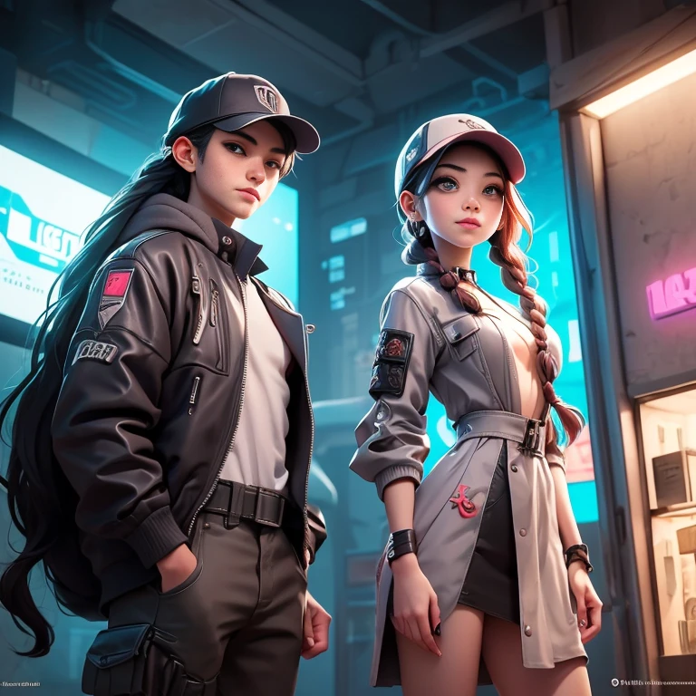 1. Scene description: - Couple Photos、Boy and girl standing back to back、（Baseball cap boy and cryptic girl） - Detailed facial features: The boy wears glasses、pronounced nose、Natural wavy short hair、Crypticgirl has beautiful and detailed eyes、beautiful and dense lips、Her gray hair is colored a light purple gradient and her long hair, about the same length as her, is braided - Additional details: Long eyelashes、Gentle smile、Confident posture、 (Very detailed目と顔、Long eyelashes)

 2.material: ·An illustration：Characters are depicted by hand.、 - Media: High resolutionのデジタル イラスト、 - Artistic style: Combining elements of science fiction, fantasy and art、

 3. Scene details: - background: Strange clouds gather and lightning flashes、 - Lighting: Dramatic lighting casts shadows、Illuminates the character&#39;s facial features、 -atmosphere: Mysterious and fascinating、Full of expectations、

 4.image quality: - highest quality、High resolution：（highest quality、High resolution） - Super detailed：（Super detailed） - Realisticなスタイル: (Realistic) - Bright colors：（Bright colors）,cgsa

 5. Color Palette: - Main color: Girl&#39;s clothing black、Shades of silver、White and light purple shades in the girl&#39;s hair、Boys clothing yellow、Shades of black、・Suspicious Sky: Silvery purple and pink、

 6. Overall prompt: Boy and girl standing back to back、(The girl has her long hair braided、Wearing a revealing cyberpunk outfit:1.6)、A girl with beautiful eyes and lips、Boys are slightly shorter than girls、He is wearing a yacht hoodie, cargo pants and a baseball cap.、雰囲気はMysterious and fascinating、Full of expectations、画像はhighest quality、High resolution、Very detailed、Photorealistic style、Color Paletteには、The character&#39;s costume and mask are black.、gray、Shades of silverが含まれ、Cherry trees have soft pink and white、The moonlit sky contains deep blues and purples with a silvery tint、
