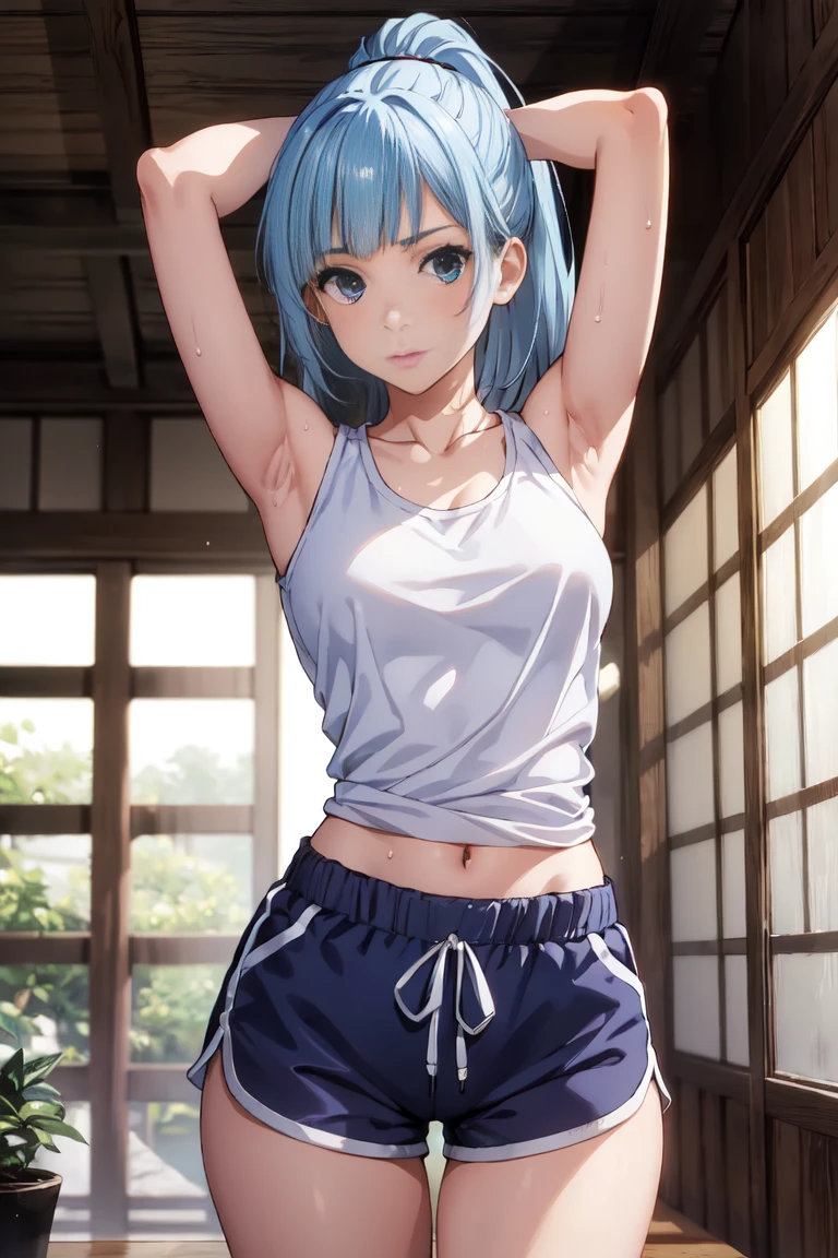 A cute anime girl in a yoga pose, detailed facial features, long blue hair, wearing a white leotard, in a Dutch angle shot, ultra-detailed, 8k, highres, masterpiece, photorealistic, cinematic lighting, soft pastel colors, serene atmosphere, elegant and graceful