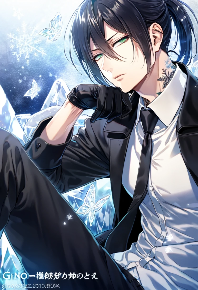 Ultra detailed, HDR, Highres, absurdres, master piece, Ginoza Nobushika, black hair tied in a ponytail, expressive green eyes, Psycho Pass, ice butterflies, winter, ice, snowflakes, white flowers, sexy man, solo, extremely detailed face and eyes, handsome, glittering, toned chest, white shirt, tattoo on his neck, black coat, black necktie, sitting, black pants, black gloves