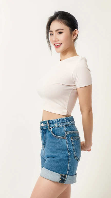 A hot korean woman, blonde hair, messy bun hairstyle, natural lips, laughing, perfect body fit, perfect hips, perfect legs, heavy sagging breasts, giant sagging breasts, huge sagging breasts, massive sagging breasts, juicy breasts, succulent sagging breasts, enormous sagging breasts, braless, wearing white tight short-sleeve underboob shirt and short-waist ripped denim shorts, full body, front view, standing on the floor, free pose, detailed body, night, at photo studio, professional photo studio, white backdrop photo studio background, upstairs viewpoint with parapet, camera from bellow, dynamic light, 8K, masterpiece, ultra detailed, professional studio lighting.