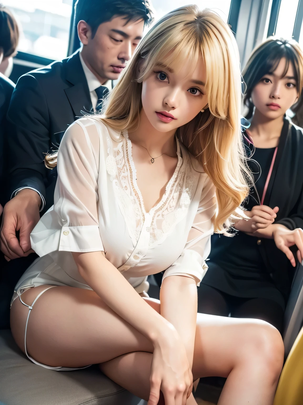 8K、Photo image masterpiece、highest quality、Super-resolution、(Detailed RAW Photos of Girls)、 (Highest quality:1.6)、(Ultra-high resolution:1.5)、(Real:1.75)、 (RAW Photos:1.2)、(Realistic:1.4)、Beautiful detailed woman、masterpiece、Exquisite Function 、Delicate eyes、Delicate blonde hair、8K quality、Pale light and shadow、Dindal effect、Low angle view from the feet、A woman being molested、Voyeur、Beautiful woman with golden, messy curly hair、((Blonde beauty))、With bangs、Impossibly cute face、And slim、Small breastessy blonde、With bangs、Random Hairstyles、((A photo from the delicate feet)、、Very narrow waist、Very detailed eyes and face、Beautiful fine details、(She is looking at the window)、((A light white summer blouse and a white skirt))、Very detailed、CG、Unified、The finer details、Light on the face、sunglasses、Cinema Lighting、One 23 year old woman、((Inside a crowded train、A woman sitting in the seat directly in front of me with her legs together、The legs are completely closed、Anxious expression))、((Men on both sides、The pervert on the right touches her thighs.、The perverted man on the left is touching her breasts.))、Wearing high heels、White Stockings、garter belt、Lighting from below、The inside of the skirt is also clearly visible.、Liked images、Voyeur: T-back panties of random colors and shapes peeking out from under a skirt