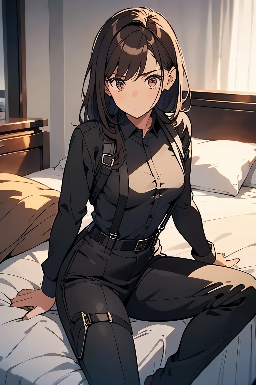 Brown Hair、Staring at the audience　　　Black suspenders　　　bulging big breasts　　 　 　　　wall: 　Black pantsuit　　　　　　sight　　　Small face　 　　　holster　　　Beautiful woman　　Show your hand　　 Lying in bed　　sight 　　Taunt　side　side汗 　arm　Dress shirt　Black Suit　belt