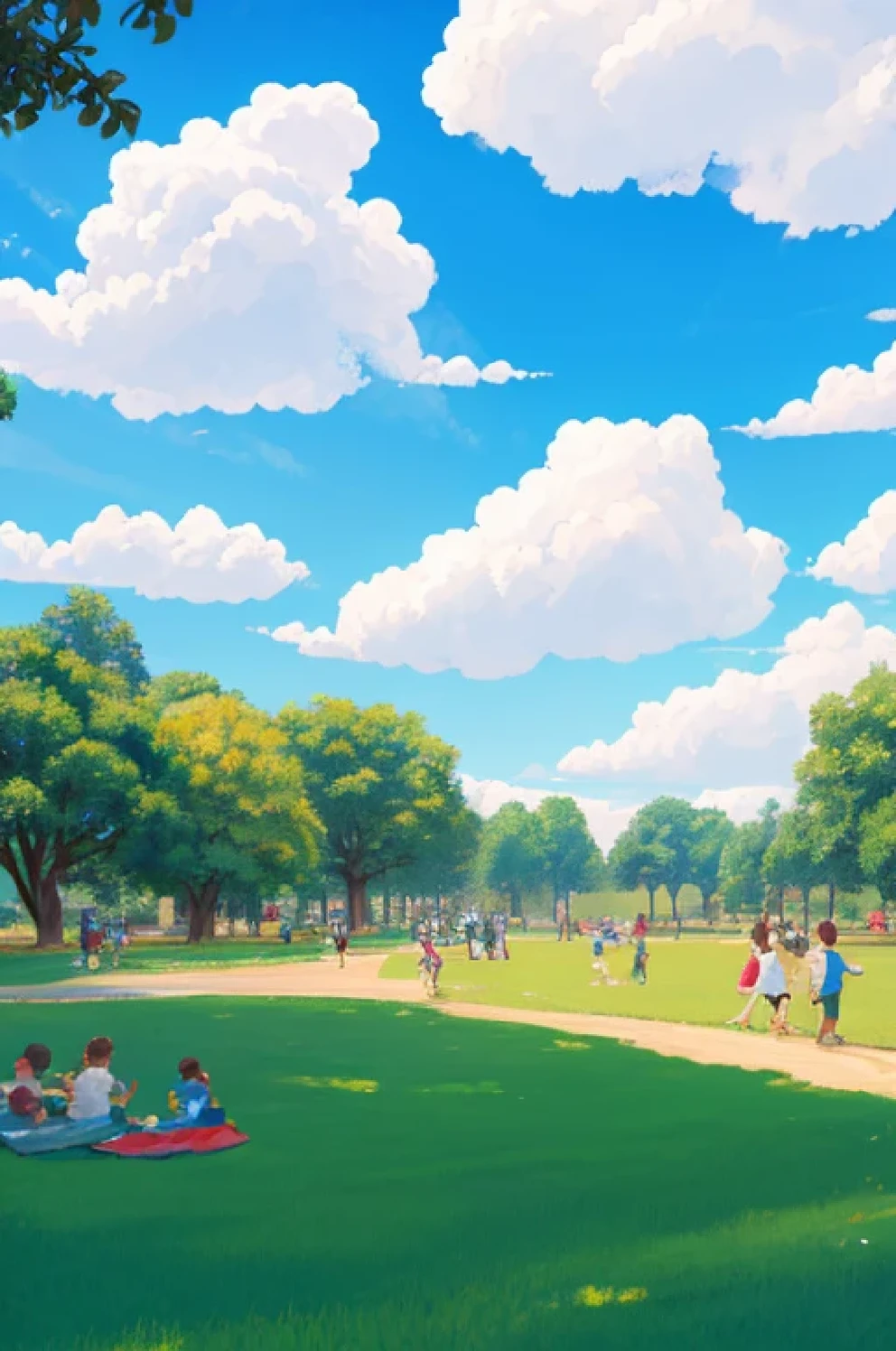 Blue sky and white clouds，in the park，4 children，4 adults watching the children play