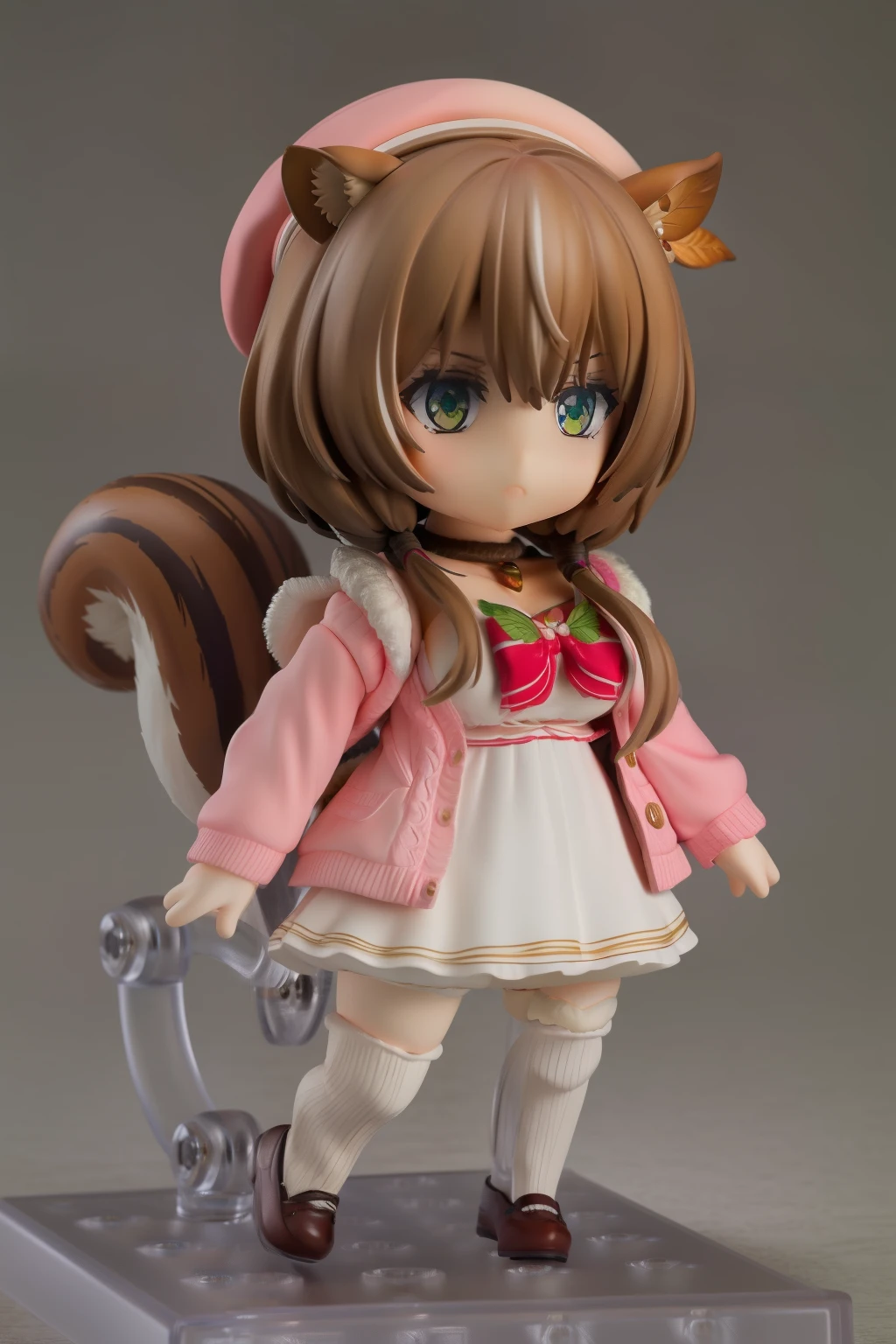  masterpiece, best quality, anime, highly detailed face, highly detailed eyes, highly detailed ,full body, cowboy shot, 1girl, solo, ayunda risu, squirrel girl, squirrel tail, squirrel ears, white dress, white thighhighs, fur trim, low twintails, red bow, beret, pink cardigan, leaf hair ornament, acorn, choker, brown footwear, medium breasts, standing, nendoroid 