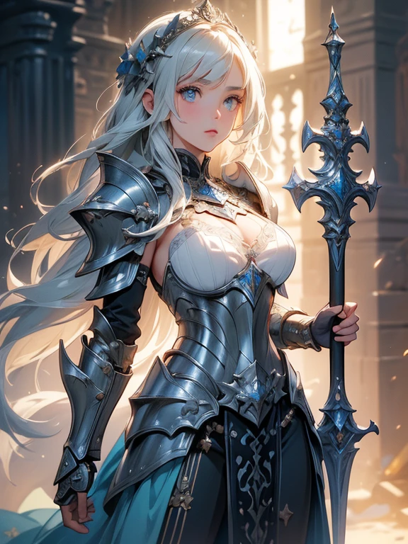 ((Masterpiece, Highest quality)), Detailed face, CharacterDesignSheet, full bodyesbian, Full of details, Multiple poses and expressions, Highly detailed, Depth, Many parts，Beautiful paladin girl,(intricate Armor), (intricate mace), (intricate shield) High Balance, Natural light, Star decoration