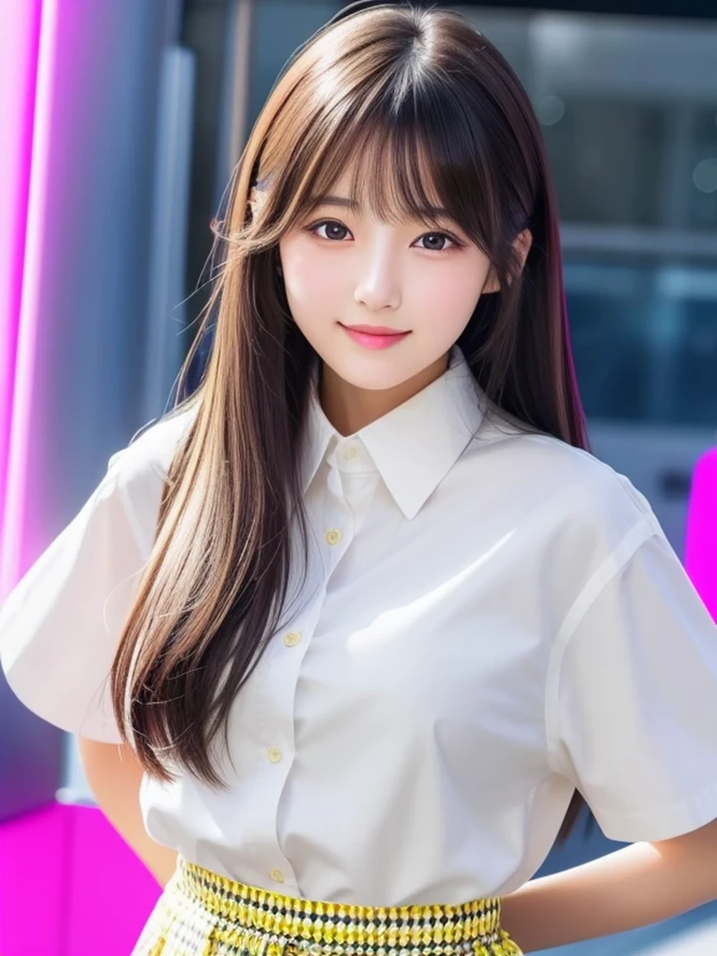 Beautiful Japanese Woman, Soft skin and a nice perfect face, A small face with a nose and rosy lips, Beautiful Eyes, Beautiful smile. black, Surrounded by a bright, ethereal glow、Thin, long, beautiful hair. A loose, short hairstyle with gradation highlights and layers of greyish beige, Navy band collar shirt x yellow houndstooth flare skirt, Bright neon colorful background, Hyperrealistic female photos, High quality high resolution 8K masterpiece