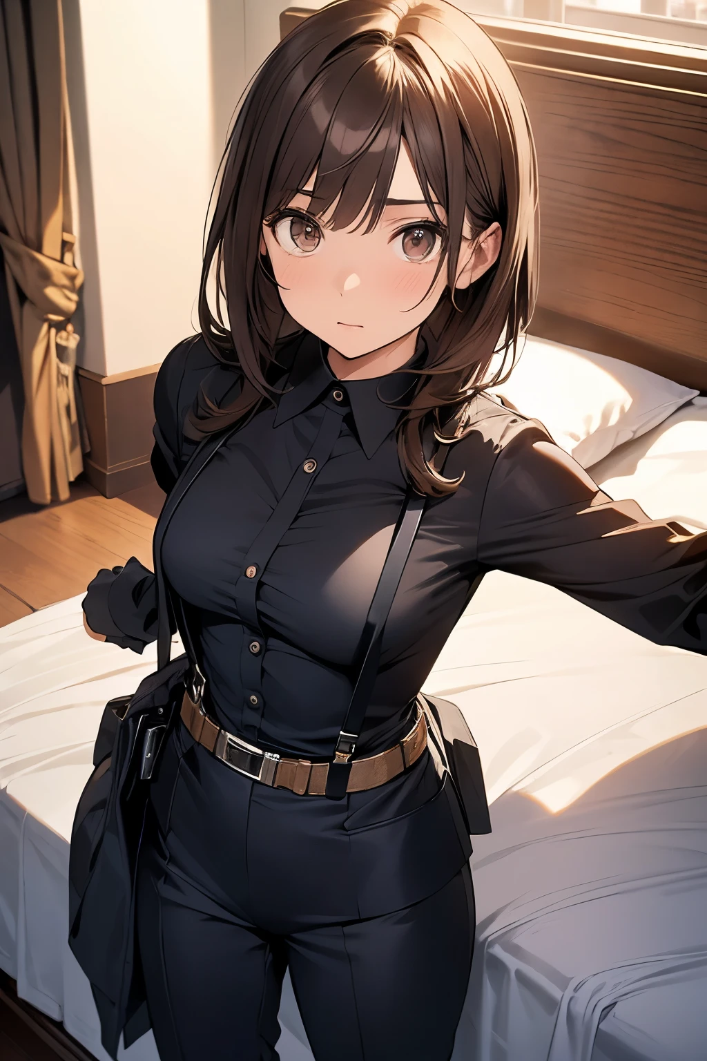 Brown Hair、Staring at the audience Black suspenders bulging big breasts wall: Black pantsuit sight Small face holster Beautiful woman Show your hand Lying in bed sight Taunt side side汗 arm Dress shirt Black Suit belt