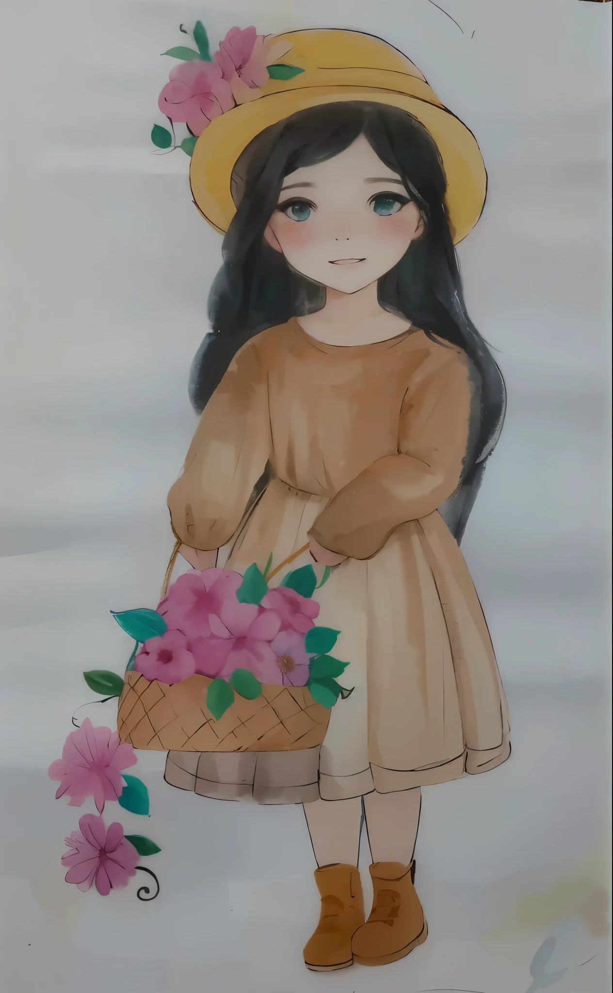 desenho de uma com uma cesta de flores, com seus cabelos negros cacheados, usando chapeu, watercolored, pastel artwork, colored sketch, colorized pencil sketch