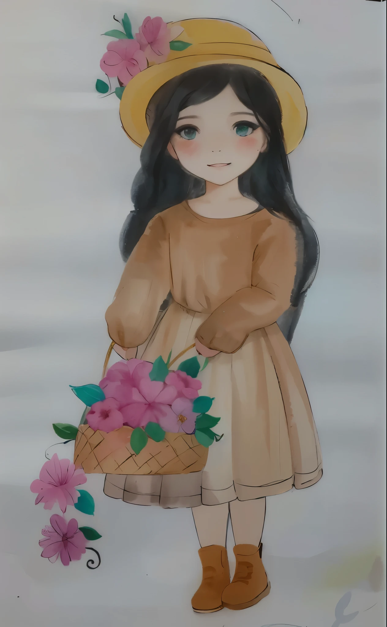 desenho de uma  com uma cesta de flores, com seus cabelos negros cacheados, usando chapeu, watercolored, pastel artwork, colored sketch, colorized pencil sketch