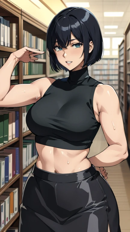 (library)、Super detailed illustrations、Super precise expression、masterpiece、highest quality、ultra high resolution、high resolution、(Sweat、body fluid)、shiny skin、(black hair、short cut hair、glasses、black croptop turtleneck、sleeveless、Standing picture、skirt、